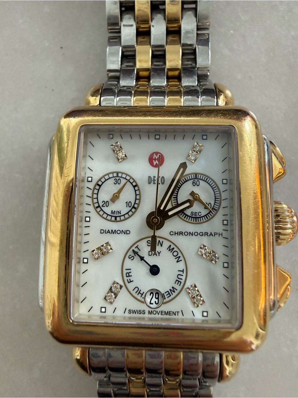 Michele Two-Tone Gold and Silver Square Chronograph Watch with Diamond Markers - Picture 2 of 5